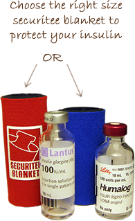 Picture of two types of insulin, Lantus and Humalog, with securitee blankets